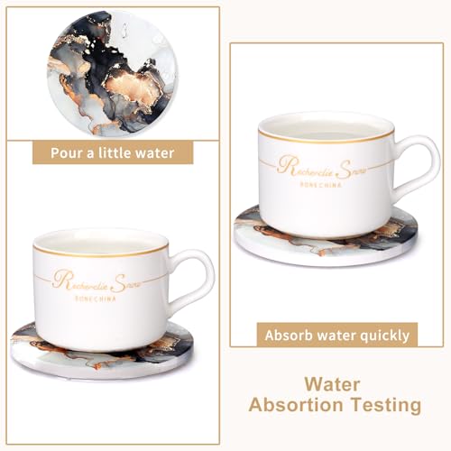 6 Pcs Black Marble Abstract Ceramic Coasters with Holder Best Round Drink Absorbent Coaster for Desk, Lounge, Coffee Table, Wine, Beverage, Bar Coasters Set - color: Black