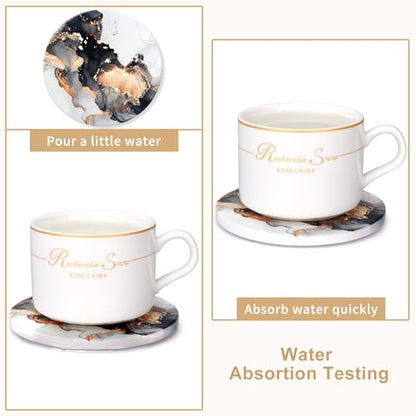 6 Pcs Black Marble Abstract Ceramic Coasters with Holder Best Round Drink Absorbent Coaster for Desk, Lounge, Coffee Table, Wine, Beverage, Bar Coasters Set - color: Black