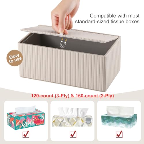 PU Leather Tissue Box Cover Rectangular Tissue Box Holder with Magnetic Bottom, Napkin & Facial Tissue Holder Dispenser for Home, Office for Standard 120-count/160-count (2-Ply) Beige Stripe - color: Beige Stripe