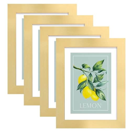 Hongkee 5x7 Picture Frame (4 Pack, Gold) Made of Real Glass and Wooden Frame - Display Pictures 4x6 with Mat or 5x7 Without Mat, 5 by 7 Photo Frames TableTop Display and Wall Mounting - color: Gold, size: 5x7 in