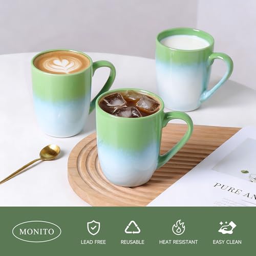 MONITO 17oz Ceramic Coffee Mugs Set of 6, Green Gradient Mugs with Handle | Mugs with Gold Rim for Latte,Tea&Cocoa,Dishwasher&Microwave Safe,Reactive Glaze Cups,Ideal Gift for Office and Home Use - color: White-green(14oz)