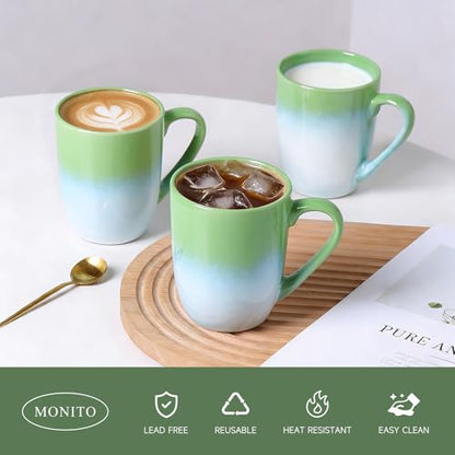 MONITO 17oz Ceramic Coffee Mugs Set of 6, Green Gradient Mugs with Handle | Mugs with Gold Rim for Latte,Tea&Cocoa,Dishwasher&Microwave Safe,Reactive Glaze Cups,Ideal Gift for Office and Home Use - color: White-green(14oz)