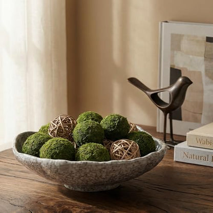 DOWAN 9.5" Wabi-Sabi Decorative Bowl, Irregular Moss Green Glazed Ceramic Catchall Bowl for Keys and Wallet, Stone Texture Centerpiece Table Bowl for Entryway, Living Room & Coffee Table Decor