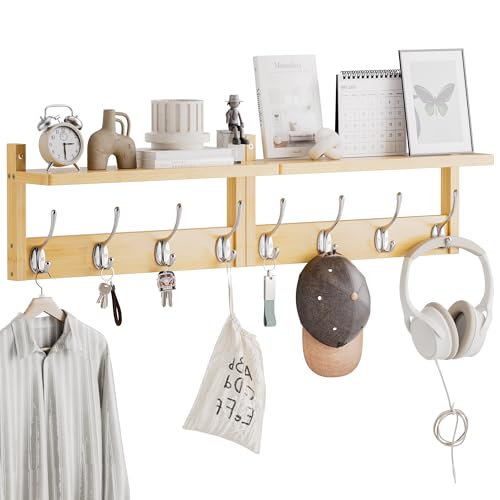 STELLSTAR Coat Rack with Shelf, 2 Pack Bamboo Wall-Mounted Coat Hanger with 8 Hooks for Entryway, Hallway, Kitchen, Bathroom, Living Room, Utility Room (Natural) - color: Natural