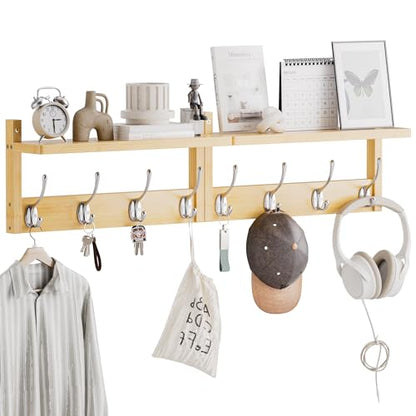 STELLSTAR Coat Rack with Shelf, 2 Pack Bamboo Wall-Mounted Coat Hanger with 8 Hooks for Entryway, Hallway, Kitchen, Bathroom, Living Room, Utility Room (Natural) - color: Natural
