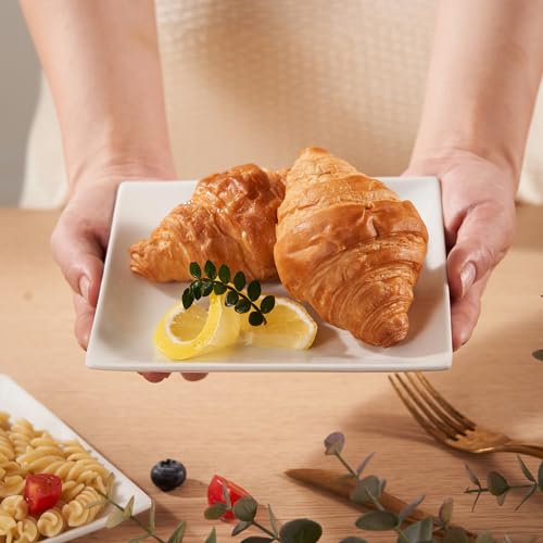 Appetizer Plates Set of 6, 6 Inch Porcelain Dessert Plates, White Stackable Square Salad Plates for Snack Steak Bread Butter, Chip and Scratch Resistant, Microwave and Dishwasher Safe | Small Dinner Plates, White Ceramic Serving Dishes for Salad Snack Ste