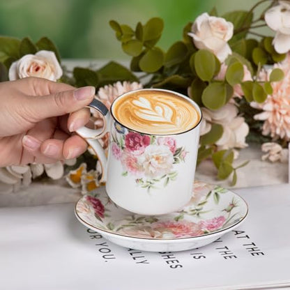 KAMMAK Tea Cups and Saucers Set of 2, Porcelain Coffee Cups, JBE014 | Stackable Espresso Mugs, Ceramic Demitasse for Coffee, Cappuccino, Latte, Americano, Tea - size: 8CZJBE014