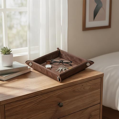 Valet Tray Desktop Storage Organizer – Vegan Leather Catchall Bedside Vanity Tray Nightstand Caddy Holder for Remote Controller, Watch, Keys, Phone, Wallet, Coin, Jewelry, Stone Brown - color: Stone Brown