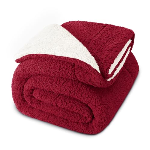 Exclusivo Mezcla Reversible Sherpa Fleece Blanket Twin Size, 60x80 Inches | Soft Plush Cozy Bed Blankets for Sofa, Couch, Fluffy Decorative Thick Throws for Living Room, Burgundy/ Ivory - color: Burgundy/ Ivory, size: Twin ( 60x80 IN )