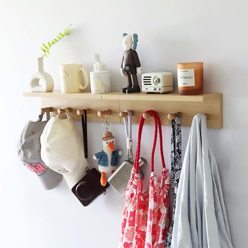 Entryway Coat Rack Hooks with Shelf, Sturdy Wooden Floating WallOrganizer Shelf with 4 Hooks siutable for Entrance, Mudroom, Kitchen, Bathroom,.etc(2pc-Oak Finish) - color: Oak 2PC