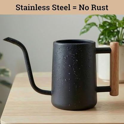 Metal Small Indoor Watering Can with Long Spout & Real Wood Handle, 35oz | Long Spout, Stainless Steel, Real Wood Handle, Gentle Flow, No Spills, Suitable for House Plants, Succulents & Seedlings - color: Black