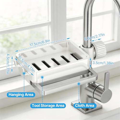 Sink Caddy Kitchen Sink Organizer, 360° Rotating Faucet Sponge Holder for Kitchen Sink with Pull-Out Drain Tray 3 Compartments Hanging Sink Caddy for Sponge Dish Brush Cloth,White