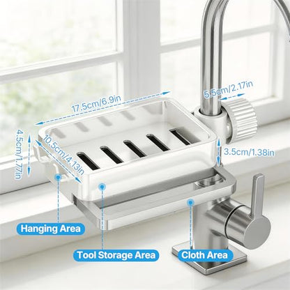 Sink Caddy Kitchen Sink Organizer, 360° Rotating Faucet Sponge Holder for Kitchen Sink with Pull-Out Drain Tray 3 Compartments Hanging Sink Caddy for Sponge Dish Brush Cloth,White
