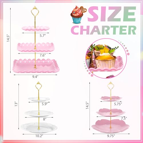 6 Pcs 3 Tier Cupcake Stand Tea Party Trays 3 Tier Serving Tray Plastic Dessert Stand Cake Fruit Candy Display Tower for Wedding Birthday Tea Party (Round,Sakura,Square,White,Pink,Green) - color: White,pink,green, size: Round,Sakura,Square