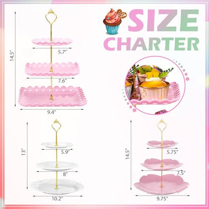 6 Pcs 3 Tier Cupcake Stand Tea Party Trays 3 Tier Serving Tray Plastic Dessert Stand Cake Fruit Candy Display Tower for Wedding Birthday Tea Party (Round,Sakura,Square,White,Pink,Green) - color: White,pink,green, size: Round,Sakura,Square