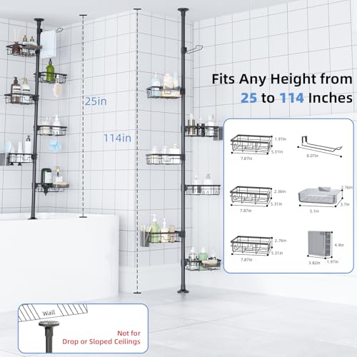 GearFusion Shower Caddy Organizer Tension Pole, Rustproof 4 Tier Corner Shower Rack with 25–114 Inch Adjustable Height for Bathroom Storage, Extra Towel Rack, Soap Dish and Toothbrush Holder, Black