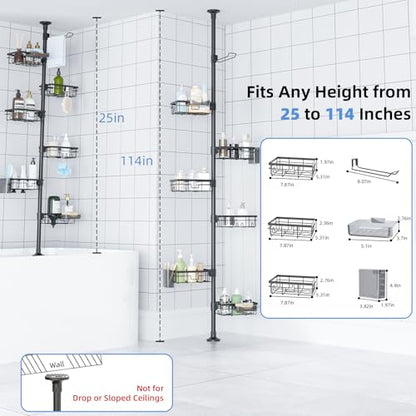 GearFusion Shower Caddy Organizer Tension Pole, Rustproof 4 Tier Corner Shower Rack with 25–114 Inch Adjustable Height for Bathroom Storage, Extra Towel Rack, Soap Dish and Toothbrush Holder, Black