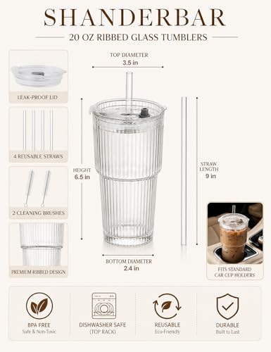 20 oz Ribbed Glass Tumblers with Lids and Straws, Clear, Set of 4 | Thick Reusable Iced Coffee Cups Leak-proof, Reusable Drinking Glasses for Cold & Hot Beverages, Fits Car Cup Holder Travel