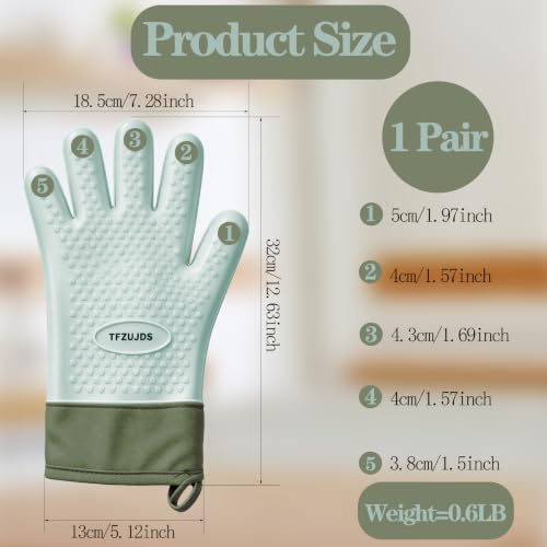 Silicone Oven Gloves with Fingers Heat Resistant 450°F in Kitchen | 1Pair Silicone Oven Mitts, Waterproof, Non-Slip, Extended Cuff Cotton Lined Kitchen Mitts for Baking Cooking Barbecue(Green) - style: green