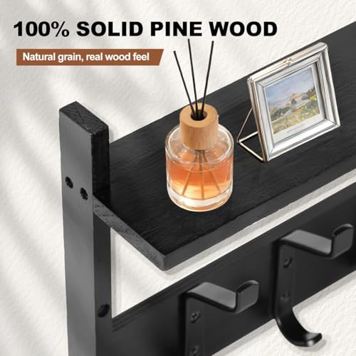 PEKER Coat Rack Wall Mount with Shelf, Solid Wood Entryway Organizer with 4 Metal Hooks, Wall-Mounted Organizer for Entryway, Bathroom, Bedroom & Kitchen, Hanging Rack for Coats, Hats, Bags & Towels
