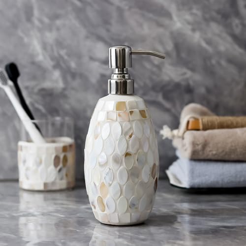 WDHODEC Mosaic Bathroom Accessory Set 5PCS with Natural Shell & Glass Soap Dispenser Cotton Jar Soap Dish Vanity Tray Tumbler for Hotels, Modern Bathroom Counter and Sink Decoration White
