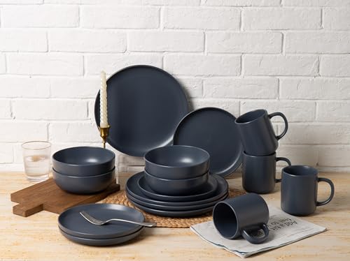 12-Piece Stoneware Dinnerware Set with Mugs | Microwave and Dishwasher Friendly | Stackable Matte Glaze Plates & Bowls | Service for 3 (Blue for 4) - color: Blue for 4