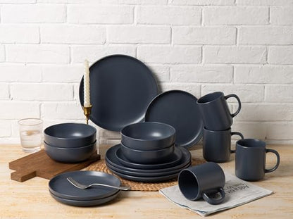 12-Piece Stoneware Dinnerware Set with Mugs | Microwave and Dishwasher Friendly | Stackable Matte Glaze Plates & Bowls | Service for 3 (Blue for 4) - color: Blue for 4