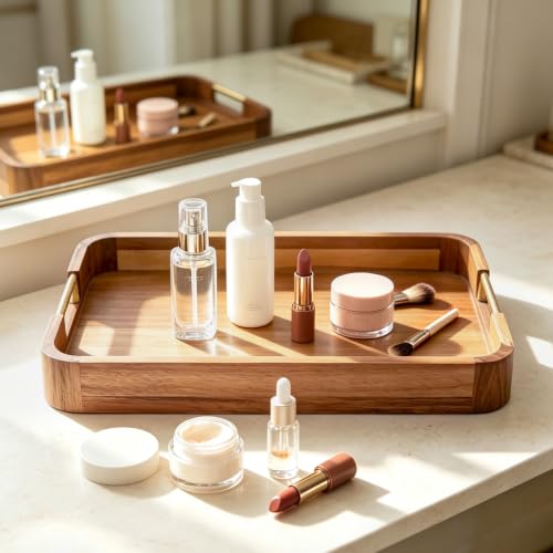 GinSent Wooden Serving Tray with Handles,Wooden Trays for Kitchen Counter Decorative Trays Wood Tray Coffee Table Tray for Living Room House Decor 16.7-INCH with 1.2cm Thickness Wood