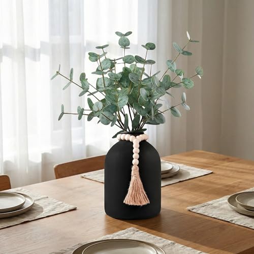 6 Pcs Artificial Eucalyptus Stems in Large Black Vase ,18" Artificial Greenery Stems Centerpieces Fake Eucalyptus Stems 9 in Tall Vase Home Decor Coffee Table Kitchen Table Centerpieces Decor (Black)