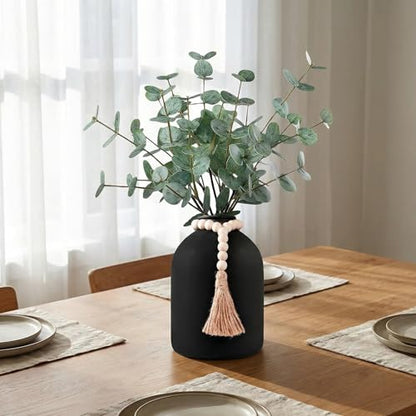 6 Pcs Artificial Eucalyptus Stems in Large Black Vase ,18" Artificial Greenery Stems Centerpieces Fake Eucalyptus Stems 9 in Tall Vase Home Decor Coffee Table Kitchen Table Centerpieces Decor (Black)
