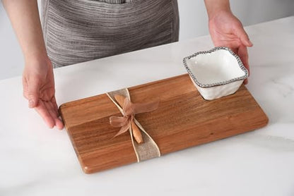 Pampa Bay Acacia Charcuterie Board with Porcelain White & Silver Dipping Bowl and Wood Spreader - color: White & Silver
