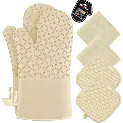 KEGOUU Oven Mitts and Pot Holders 6pcs Set, Kitchen Oven Glove High Heat Resistant 500 Degree Extra Long Oven Mitts and Potholder with Non-Slip Silicone Surface for Cooking (Beige) - color: Beige