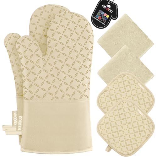 KEGOUU Oven Mitts and Pot Holders 6pcs Set, Kitchen Oven Glove High Heat Resistant 500 Degree Extra Long Oven Mitts and Potholder with Non-Slip Silicone Surface for Cooking (Beige) - color: Beige
