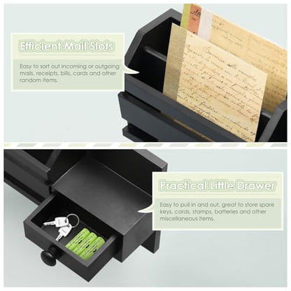 VIS'V Key Holder Wall Mount, Wooden Mail and Key Organizer, Black | Contains Little Drawer, Small Shelf, 2 Slots, 6 Hooks, for Entryway, Hallway, Doorway, Kitchen, Garage, Camper - color: Black