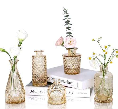 UPBUD Amber Gold Glass Bud Vases Set of 5, Small Vases for Flowers | Mini Vases in Bulk for Wedding Decorations, Vintage Vase for Table, Recepetion, Home Décor - color: Standard-gold Amber, size: 5pcs