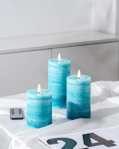 Stmarry Gradient Teal Flameless Candles with Remote and Timer, Real Wax Made LED Pillar Candles Battery Operated with 3D Flickering Flame - 3" x 4",5",6" - Set of 3 Turquoise Candles - color: Gradient Teal