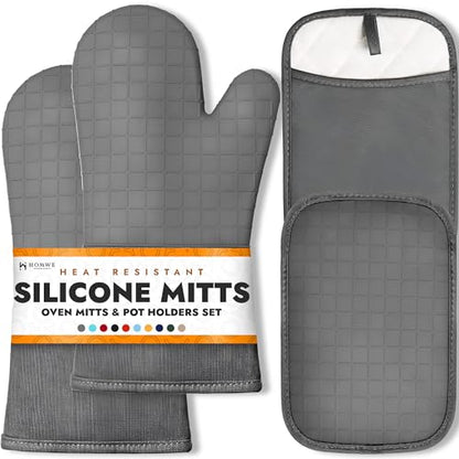 BPA-Free Soft Silicone 4 Piece Oven Mitts & Pot Holders Set - Ultra Heat Resistant Oven Mitts with Thick Cotton Liner - Long Slip Resistant Pot Holders, Flexible Oven Gloves - Gray - color: Gray, size: 4-Piece Oven Mitts & Pot Holders Set