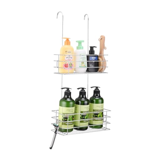 2-Tier Shower Caddy Hanging Shower Organizer Rack with Hooks Over The Door - color: Silver, size: 2-Tier