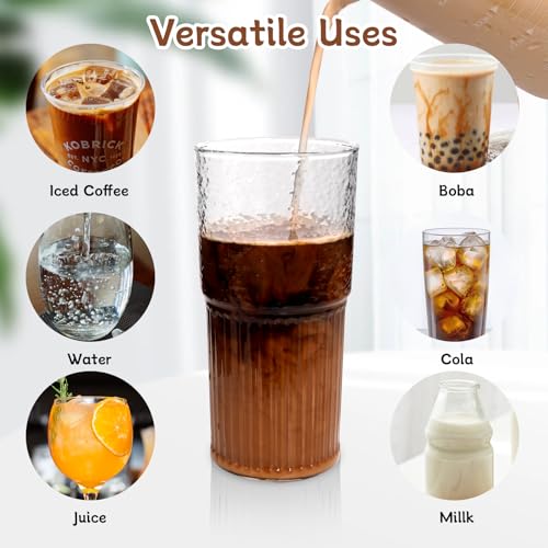 ANOTION 4Pcs 22 oz Iced Coffee Cups Drinking Glasses Iced Coffee Cup | Smoothie Cup Glass Tumbler Water Glasses Ribbed Glassware - color: Transparent
