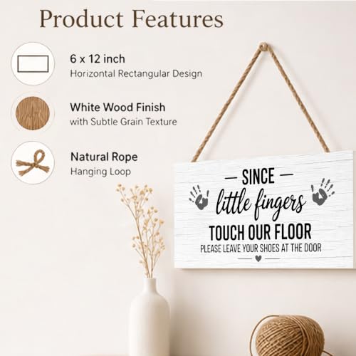 Since Little Fingers Touch Our Floor Please Take Your Shoes Off Welcome Wooden Hanging Sign for Outdoor - color: Pink
