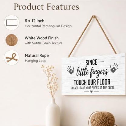 Since Little Fingers Touch Our Floor Please Take Your Shoes Off Welcome Wooden Hanging Sign for Outdoor - color: Pink