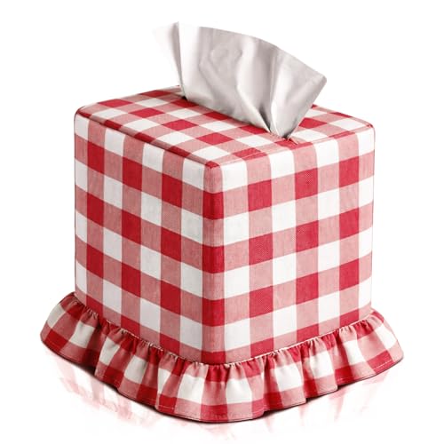 Red Gingham Tissue Box with Ruffled Cover Cottagecore Handmade Decorative Gingham Napkin Holder for Home Bedroom Living Room Bathroom Vanity Countertop Car Office Kitchen - color: Red