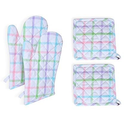 Native Fab 4 Piece Set - 2 Oven Mitts & 2 Potholders, Heat Resistant, 100% Cotton, Quilted Design, Non-Slip Grip, Ideal for Baking, Cooking, BBQ, Kitchen Protection, Multi-Color Checks - color: Multicolor
