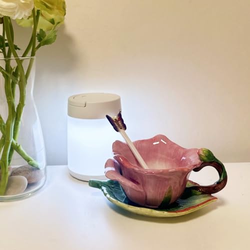 Ceramic Tea Cup and Saucer Set ，6OZ 3D Hand-Painted Flower and Lotus Leaf Coffee Mug，Gift for Women- Dark Pink Rose - color: Dark Pink Rose