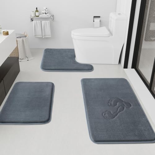 Bathroom Rugs Sets 3 Piece, Non-Slip & Quick Dry Bath Mat Set, Ultra Soft Velvet Bath Rugs for Bathroom, Toilet and Shower Floor, Grey - color: Grey, size: 17"x24"+20"x32"+U Shape 20"x24"