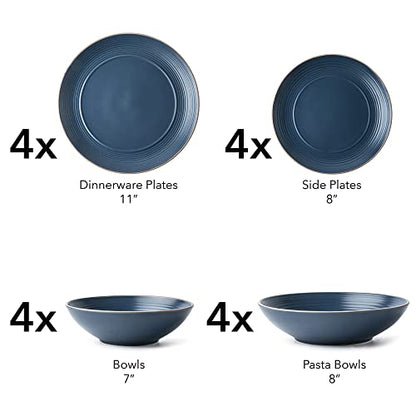Arora RINGAR Round Stoneware 16pc Double Bowl Dinnerware Set for 4, Dinner Plates, Side Plates, Cereal Bowls, Pasta Bowls - Speckle Matte Blue (420796) - color: Speckle Matte Blue-Cereal/Pasta Bowl, style: Round-Service for 4(16pcs)