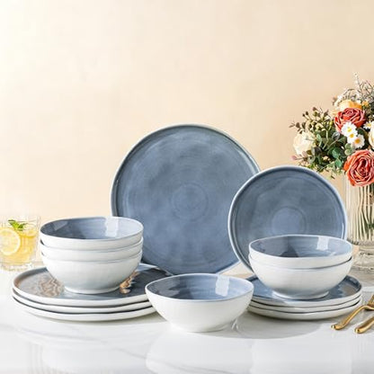 LERATIO Ceramic Dinnerware Sets for 6,18-Piece Plates and Bowls Set | Handmade Wavy Edge porecelian Dish Set,Oven & Microwave,Dishwasher Safe,Scratch Resistant-Blue - size: Service for 6