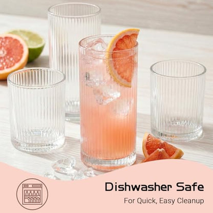 JOVGANK Drinking Glasses Set of 8 – Lead-Free Crystal Glassware, 4 Tall 15oz & 4 Short 10oz Vintage Ribbed Tumbler Glasses, Dishwasher Safe, for Juice Beer Cocktails, Great Housewarming Gift, Set A - style: H