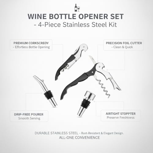 Home Bar & Dining Room Essential: 4-Piece Stainless Steel Wine Opener Kit with Corkscrew, Foil Cutter, Pourer, and Stopper