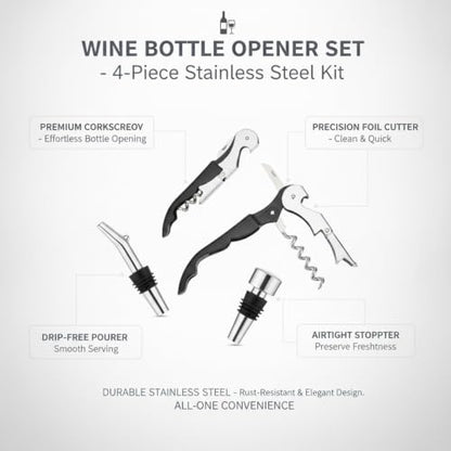 Home Bar & Dining Room Essential: 4-Piece Stainless Steel Wine Opener Kit with Corkscrew, Foil Cutter, Pourer, and Stopper
